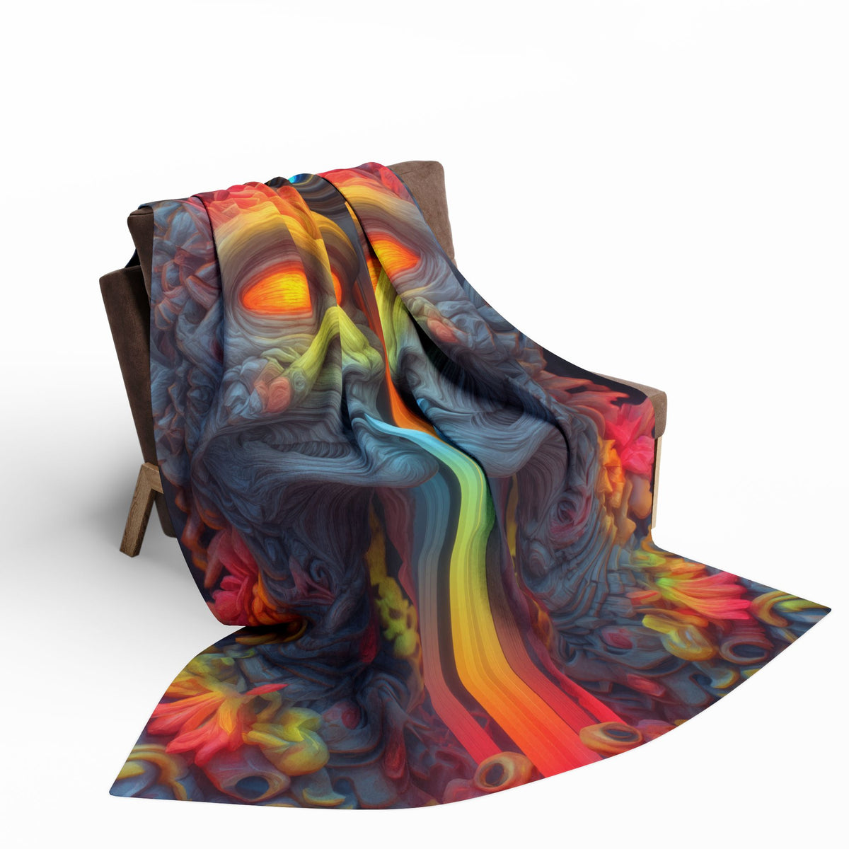 Where the Mirror Becomes a River — Arctic Fleece Blanket, 60 × 80 in — mirrored faces with glowing eyes and a shared stream of color