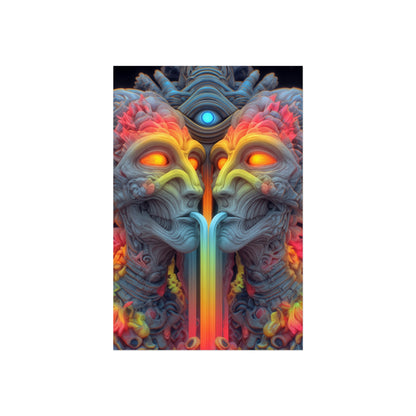 Where the Mirror Becomes a River — Large Matte Poster, 32 × 48 in — mirrored faces with glowing eyes and a shared stream of color
