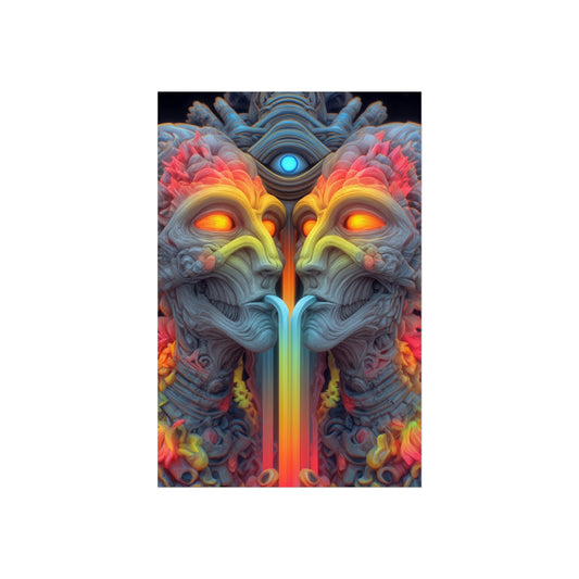 Where the Mirror Becomes a River — Large Matte Poster, 32 × 48 in — mirrored faces with glowing eyes and a shared stream of color