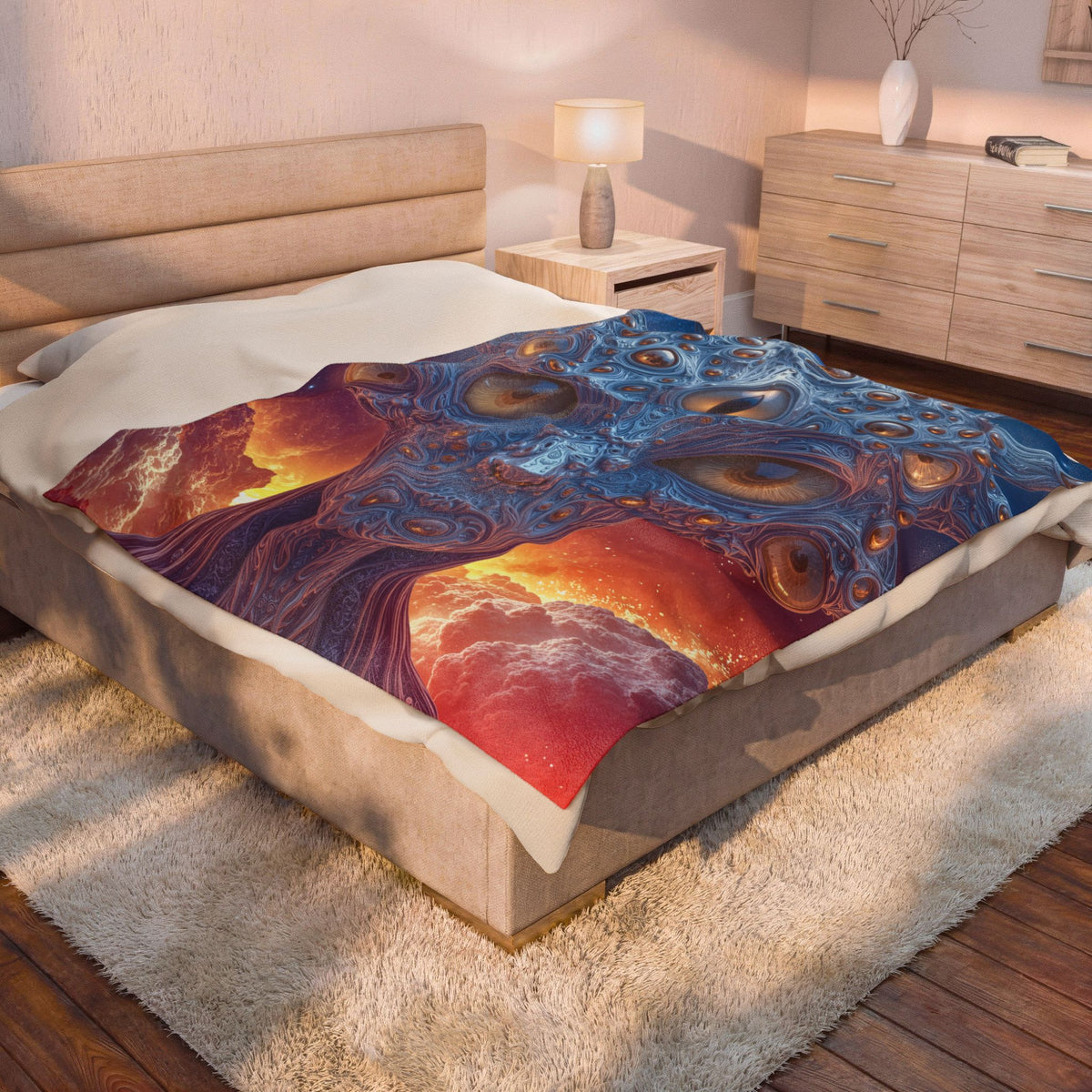 The Horizon Within the Gaze — Velveteen Plush Blanket, 60 × 80 in — intricate blue figure with amber eyes above luminous clouds