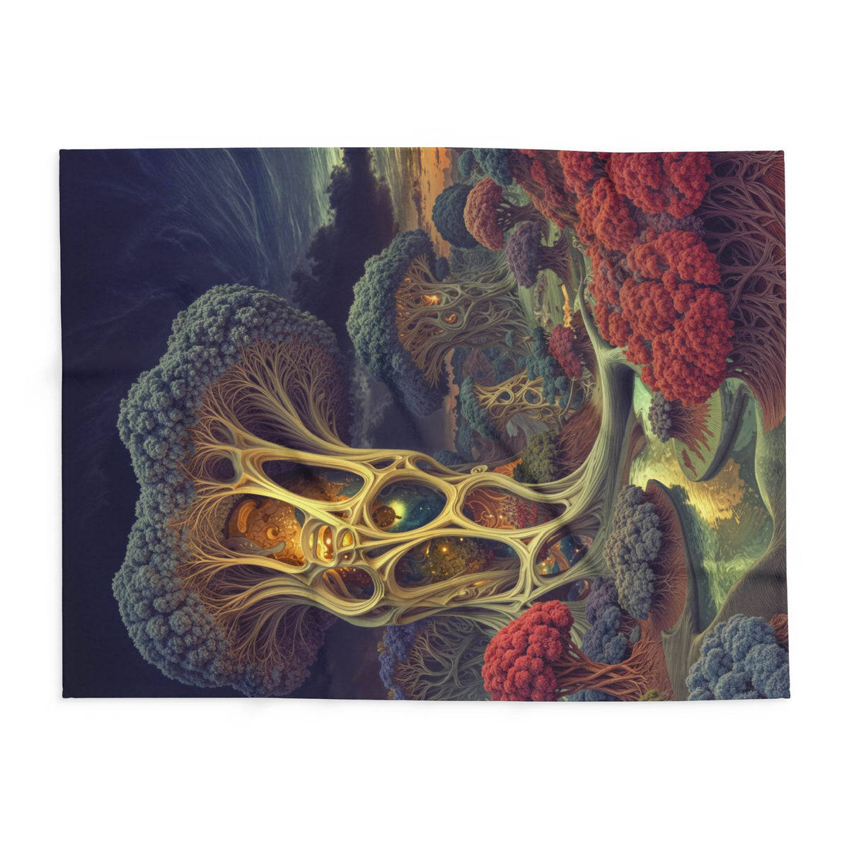 The Quiet Architecture of Becoming — Arctic Fleece Blanket, 60 × 80 in — luminous lattice trees and a winding river