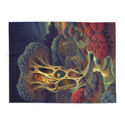 The Quiet Architecture of Becoming — Arctic Fleece Blanket, 60 × 80 in — luminous lattice trees and a winding river
