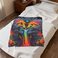 Where the Mirror Becomes a River — Velveteen Plush Blanket, 30 × 40 in — mirrored faces with glowing eyes and a shared stream of color