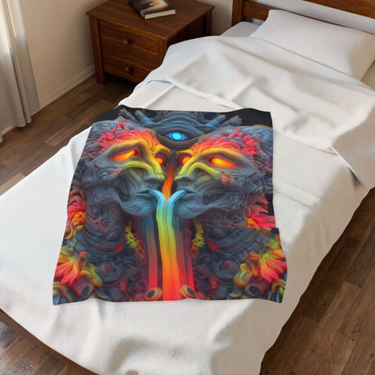 Where the Mirror Becomes a River — Velveteen Plush Blanket, 30 × 40 in — mirrored faces with glowing eyes and a shared stream of color
