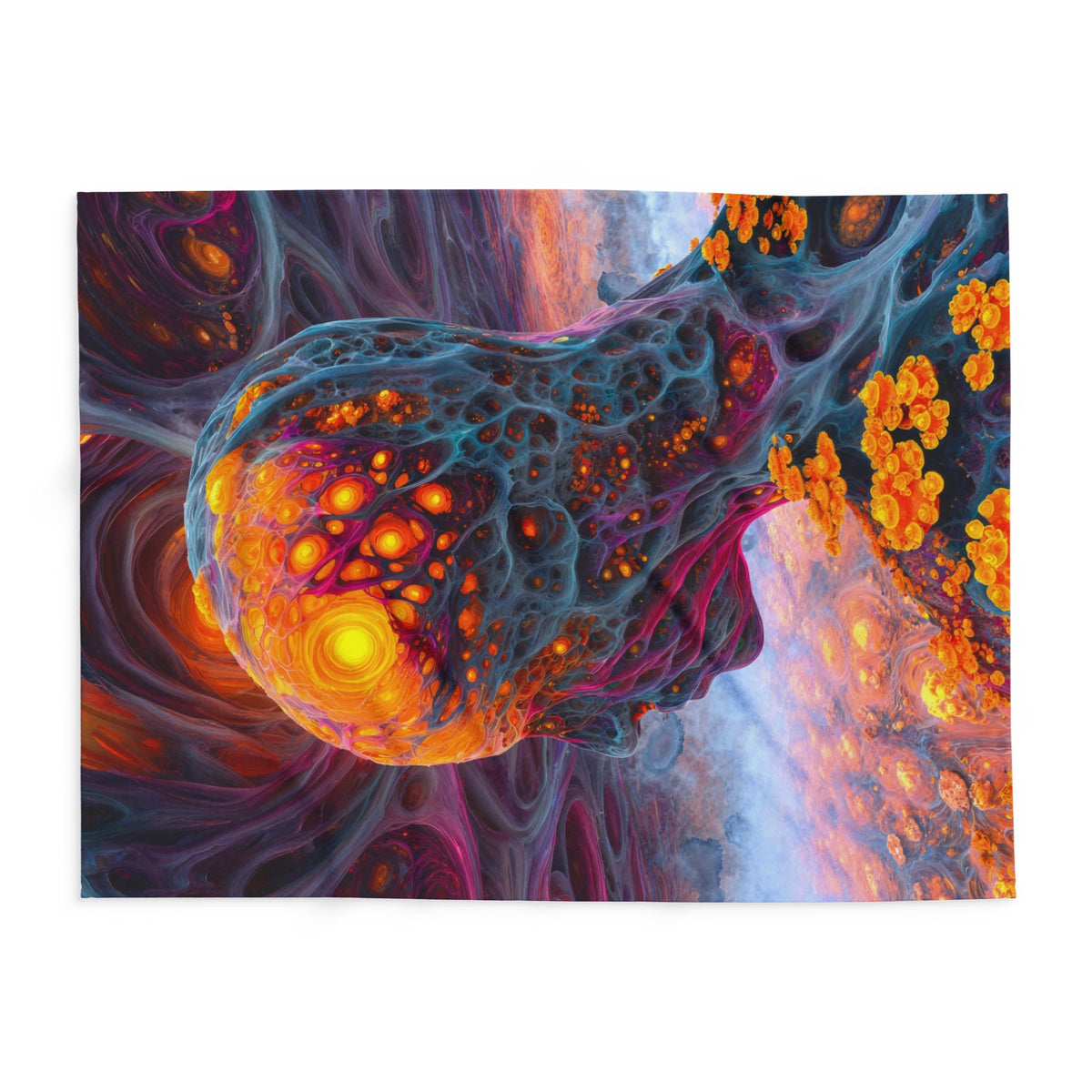 The Mind Becomes a Sun arctic fleece blanket, 60 × 80 in with a glowing golden head amid flowing blue and violet forms