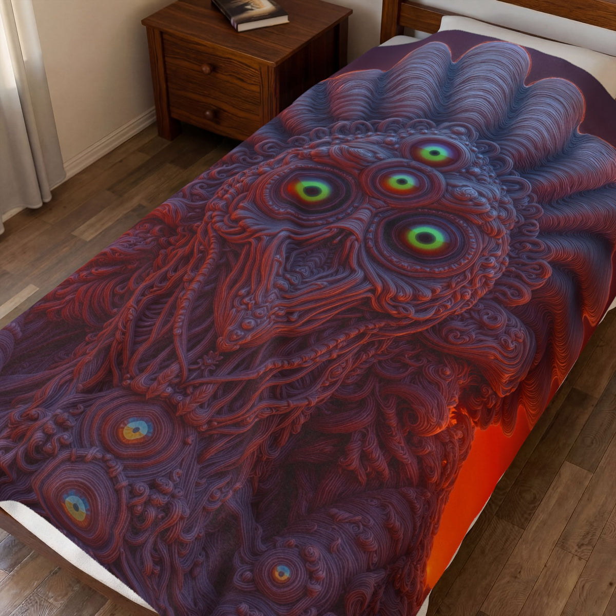 Where Every Gaze Becomes a Center — Velveteen Plush Blanket, 60 × 80 in — many-eyed figure with a rippling crown against an orange sky