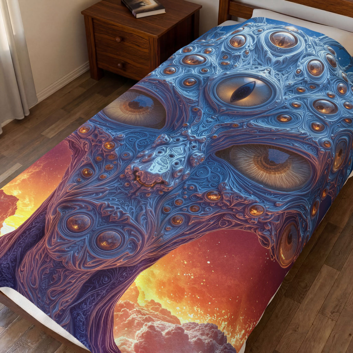 The Horizon Within the Gaze — Velveteen Plush Blanket, 60 × 80 in — intricate blue figure with amber eyes above luminous clouds