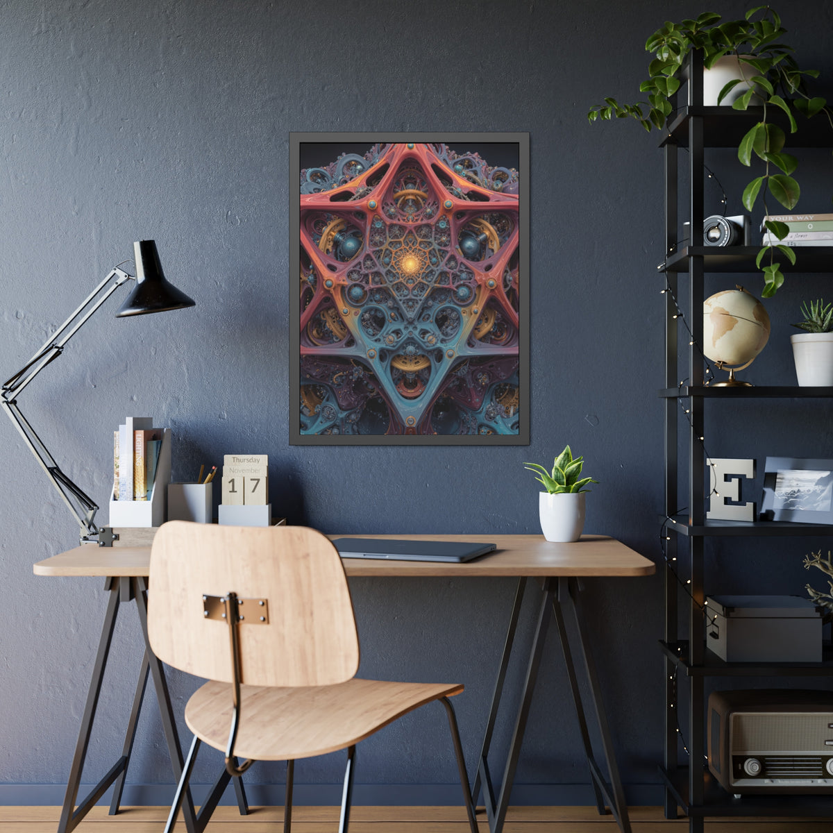 The Geometry of Surrender — Framed Fine Art Print, 24 × 32 in — interlocking coral and blue forms around a golden center