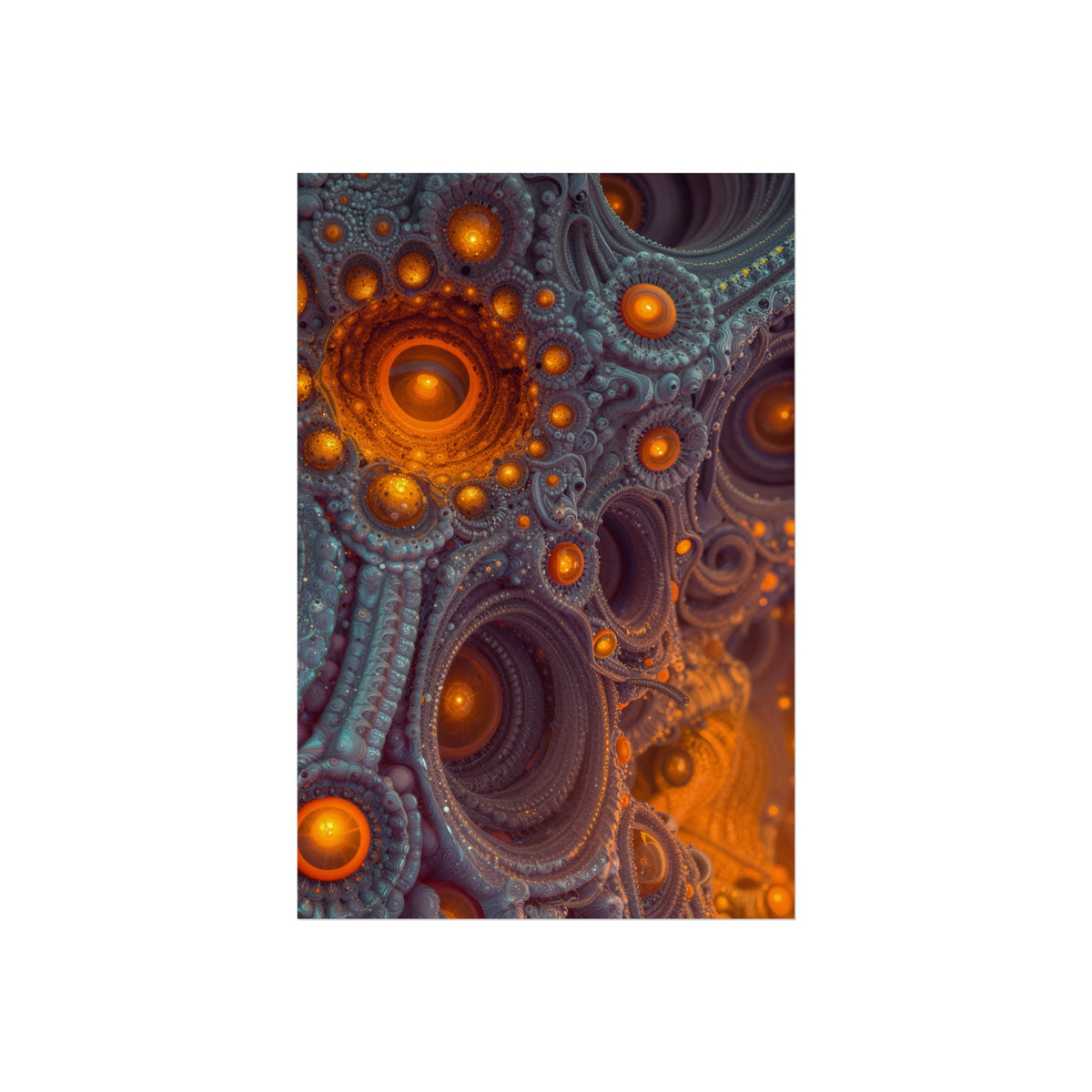 The Architecture of Inner Light — Large Matte Poster, 32 × 48 in — glowing amber chambers in intricate blue-gray and violet structures