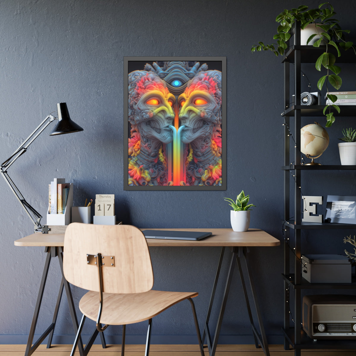 Where the Mirror Becomes a River — Framed Fine Art Print, 24 × 32 in — mirrored faces with glowing eyes and a shared stream of color