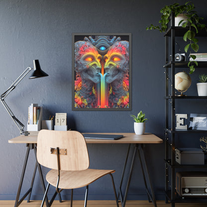 Where the Mirror Becomes a River — Framed Fine Art Print, 24 × 32 in — mirrored faces with glowing eyes and a shared stream of color