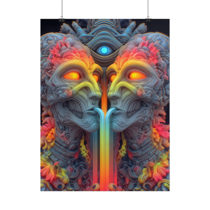 Where the Mirror Becomes a River — Rolled Art Print, 18 × 24 in — mirrored faces with glowing eyes and a shared stream of color