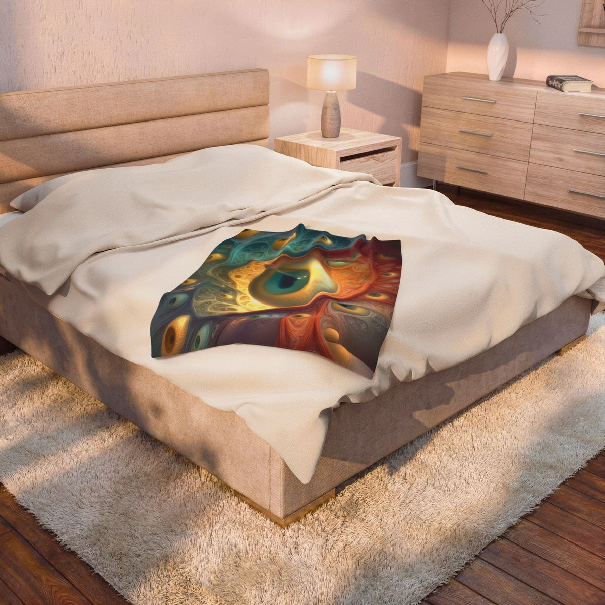 A Chorus of Seeing 30 × 40 inch velveteen plush blanket with golden eyes and flowing teal, red and amber artwork