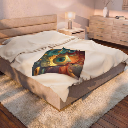 A Chorus of Seeing 30 × 40 inch velveteen plush blanket with golden eyes and flowing teal, red and amber artwork