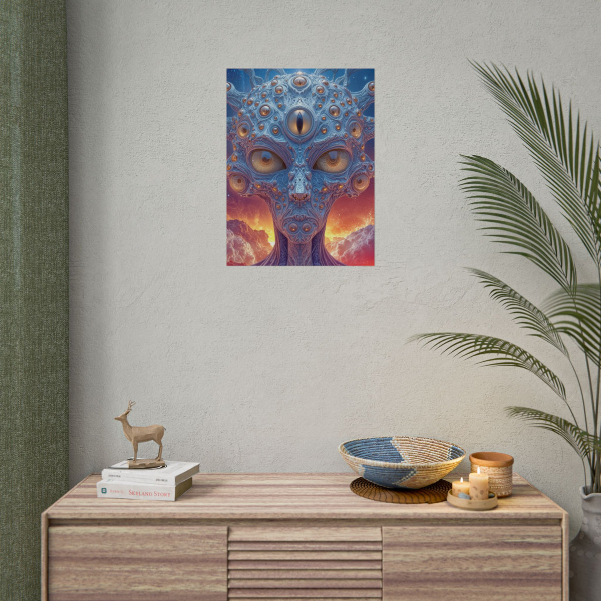 The Horizon Within the Gaze — Rolled Art Print, 18 × 24 in — intricate blue figure with amber eyes above luminous clouds
