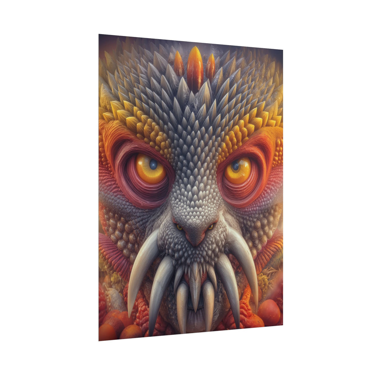 The Wisdom Beneath the Armor — Rolled Art Print, 18 × 24 in — golden-eyed creature with layered gray spines and ivory tusks