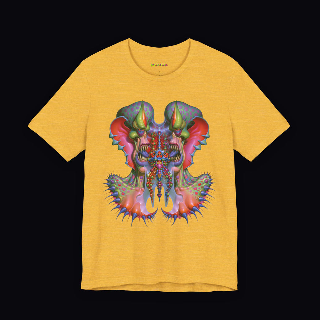 Mirrored pink and green alien guardians on a Heather Yellow Gold DMTPORTAL T-shirt