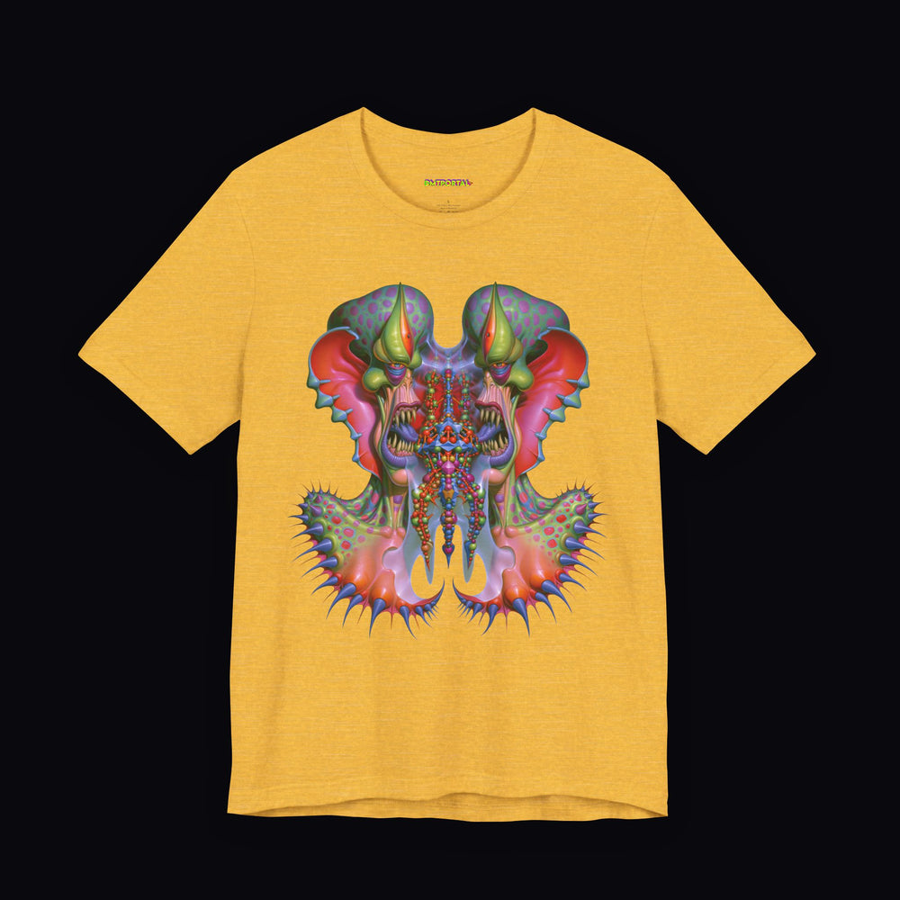 Mirrored pink and green alien guardians on a Heather Yellow Gold DMTPORTAL T-shirt