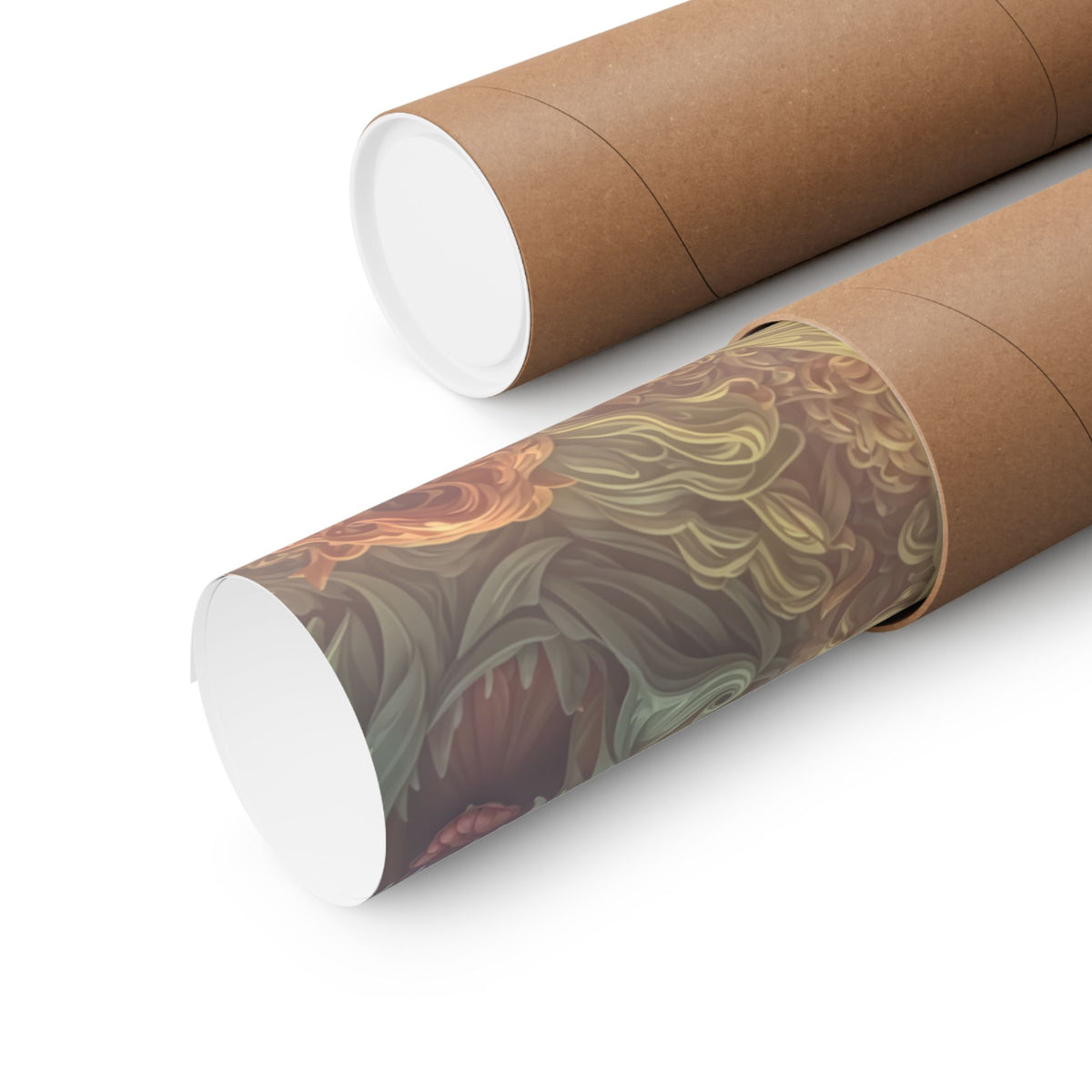 Where Fear Becomes a Passage — Matte Art Poster, 18 × 24 in — fanged creature with glowing eyes amid sage and mauve organic forms