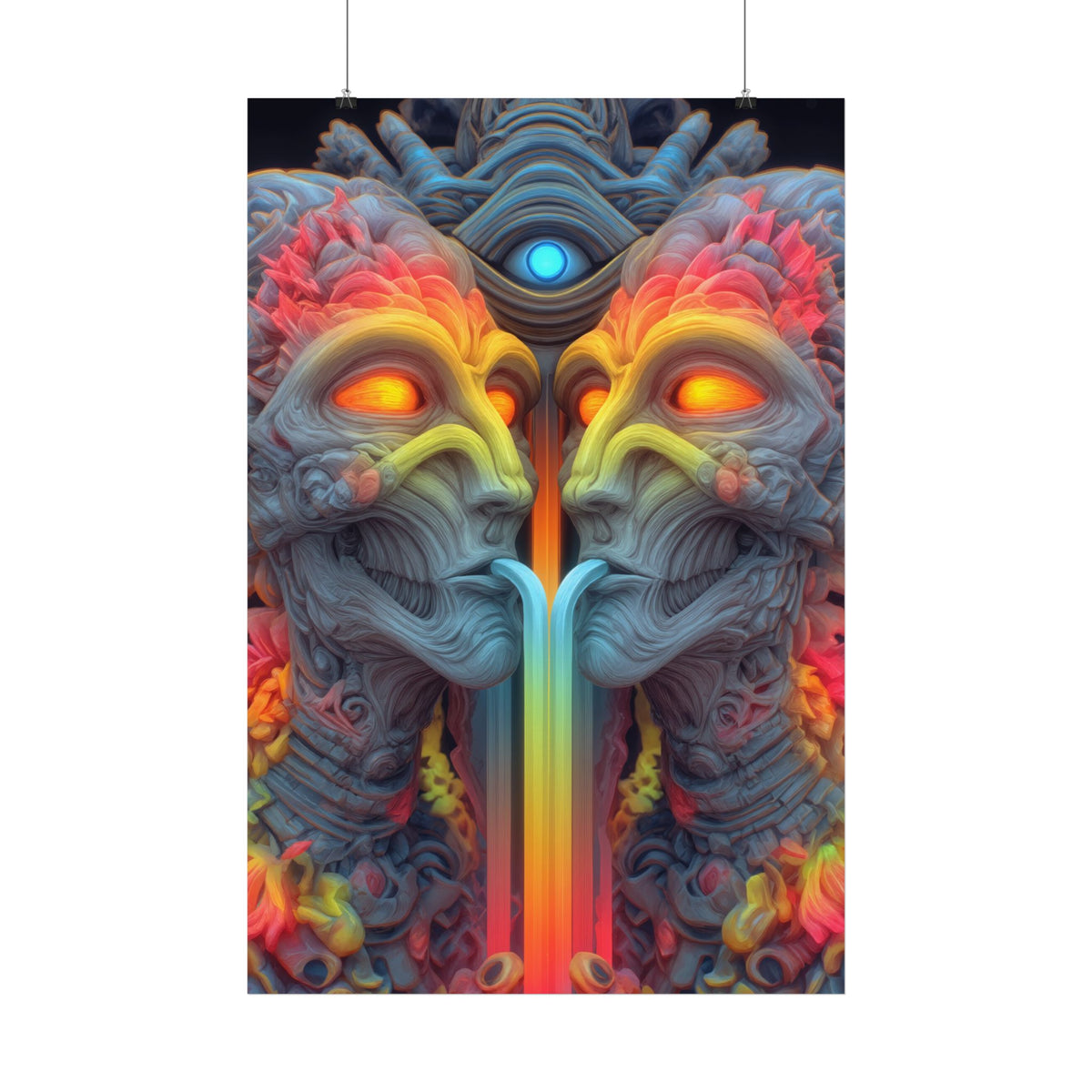 Where the Mirror Becomes a River — Satin Art Poster, 24 × 36 in — mirrored faces with glowing eyes and a shared stream of color