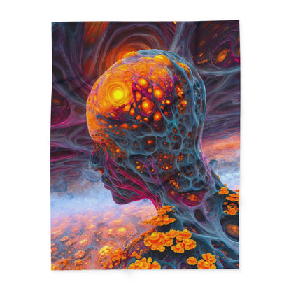 The Mind Becomes a Sun arctic fleece blanket, 60 × 80 in with a glowing golden head amid flowing blue and violet forms
