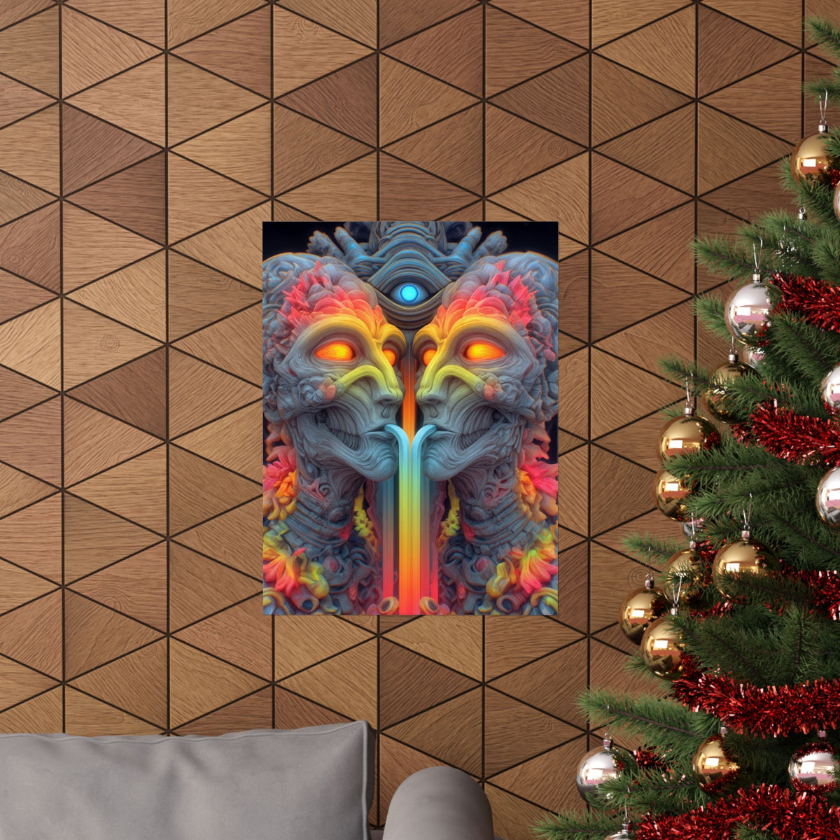 Where the Mirror Becomes a River — Matte Art Poster, 18 × 24 in — mirrored faces with glowing eyes and a shared stream of color