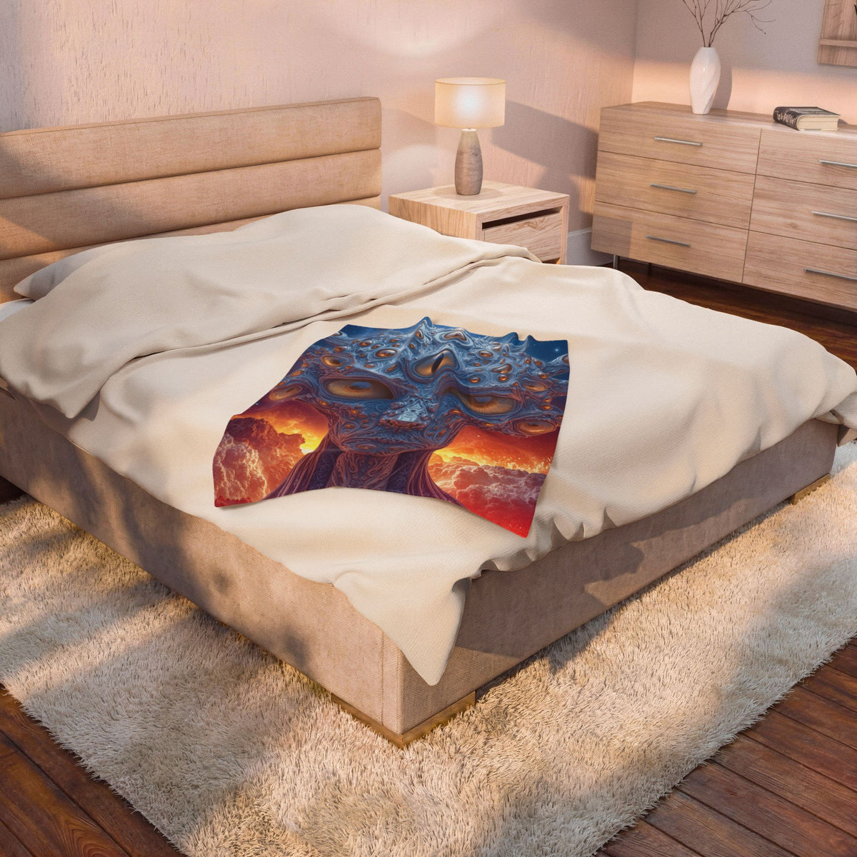 The Horizon Within the Gaze — Velveteen Plush Blanket, 30 × 40 in — intricate blue figure with amber eyes above luminous clouds