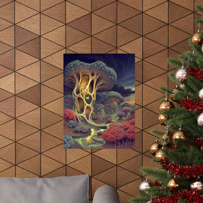 The Quiet Architecture of Becoming — Matte Art Poster, 18 × 24 in — luminous lattice trees beside a winding river