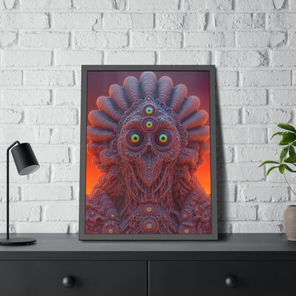 Where Every Gaze Becomes a Center — Framed Fine Art Print, 24 × 32 in — many-eyed figure with a rippling crown against an orange sky