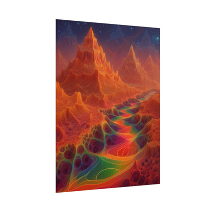The Current Remembers rolled art print, 18 × 24 in with a luminous winding current and orange mountains beneath a starry sky