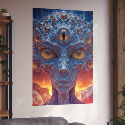 The Horizon Within the Gaze — Large Matte Poster, 32 × 48 in — intricate blue figure with amber eyes above luminous clouds