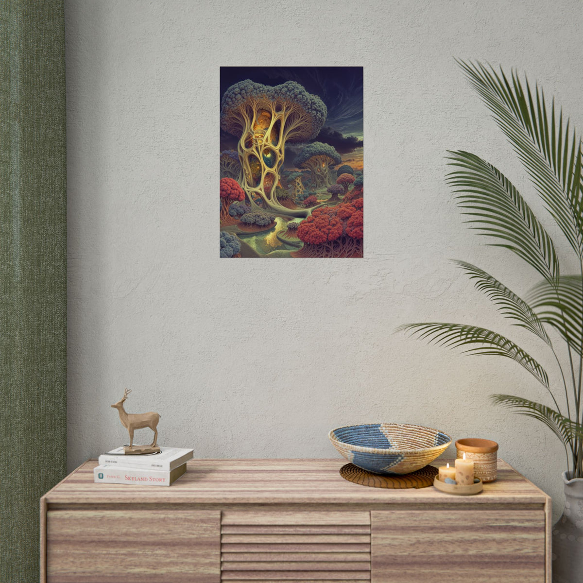 The Quiet Architecture of Becoming — Rolled Art Print, 18 × 24 in — luminous lattice trees and coral groves beside a winding river