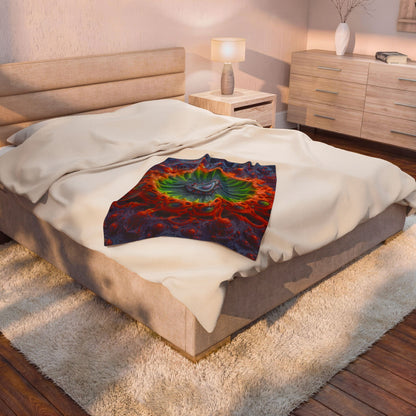 The Center Is a Choreography — Velveteen Plush Blanket, 30 × 40 in — orange and lime radial machinery with a violet core