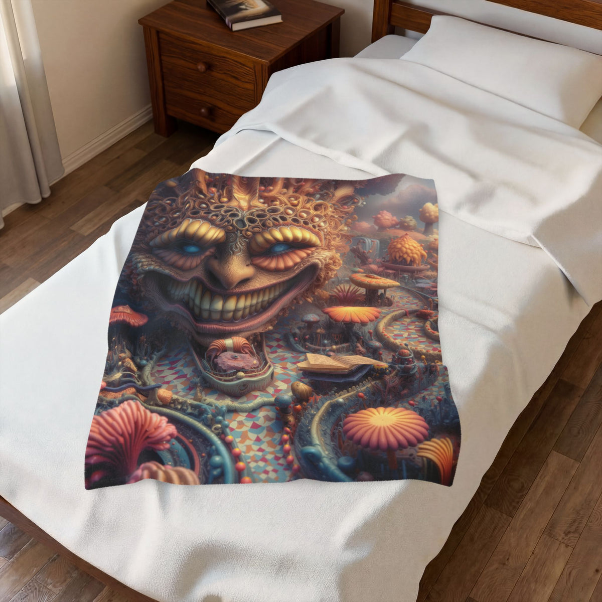 The Invitation Beneath the Grin — Velveteen Plush Blanket, 30 × 40 in — ornate grinning face above winding mosaic paths and coral garden forms