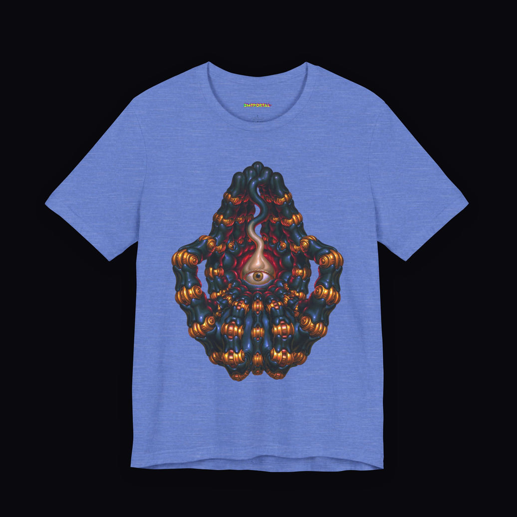 Dark sculptural shrine with amber bands and a pale central eye on a Heather Columbia Blue DMTPORTAL T-shirt