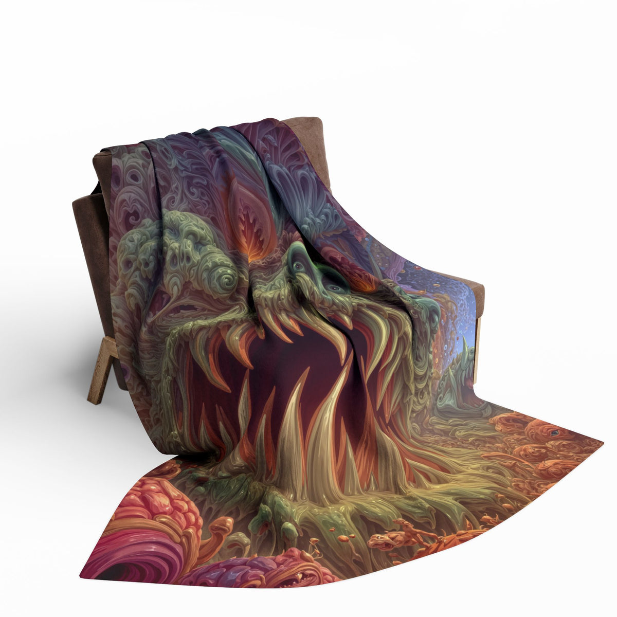 Where Fear Becomes a Passage — Arctic Fleece Blanket, 60 × 80 in — fanged creature with glowing eyes amid sage and mauve organic forms