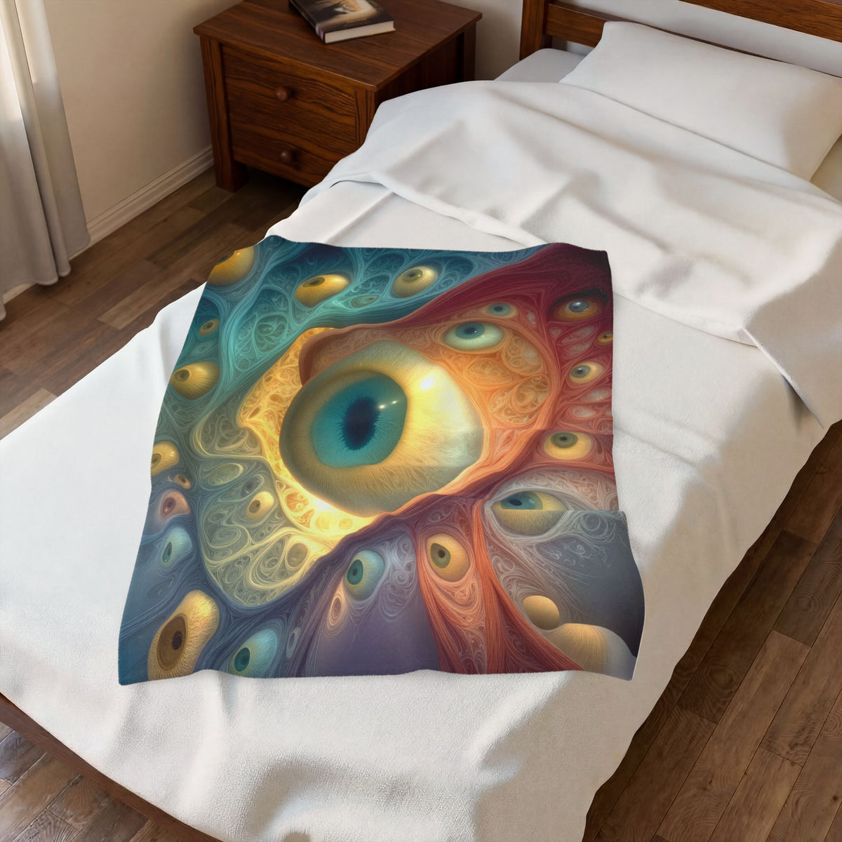 A Chorus of Seeing 30 × 40 inch velveteen plush blanket with golden eyes and flowing teal, red and amber artwork