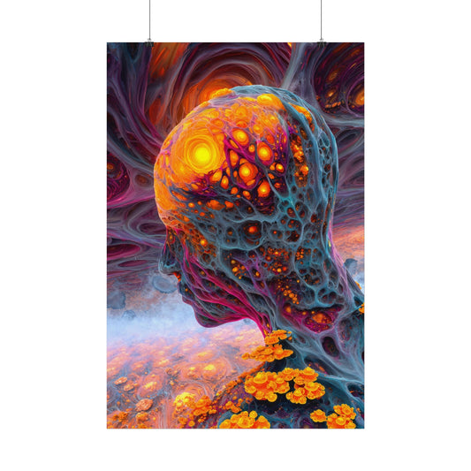 The Mind Becomes a Sun satin art poster, 24 × 36 in with a glowing golden head amid flowing blue and violet forms