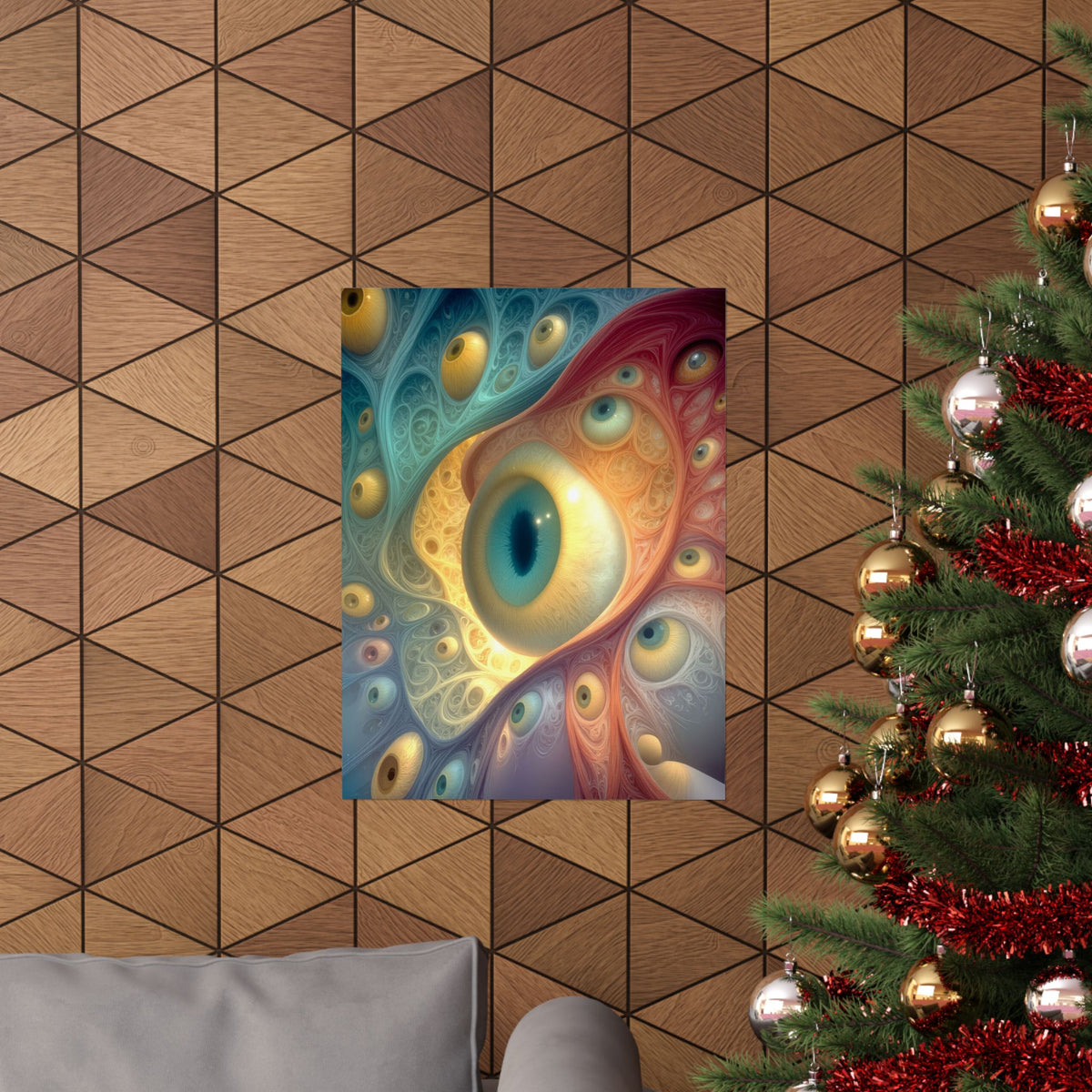 A Chorus of Seeing 18 × 24 inch matte art poster showing psychedelic eyes in teal, amber and crimson