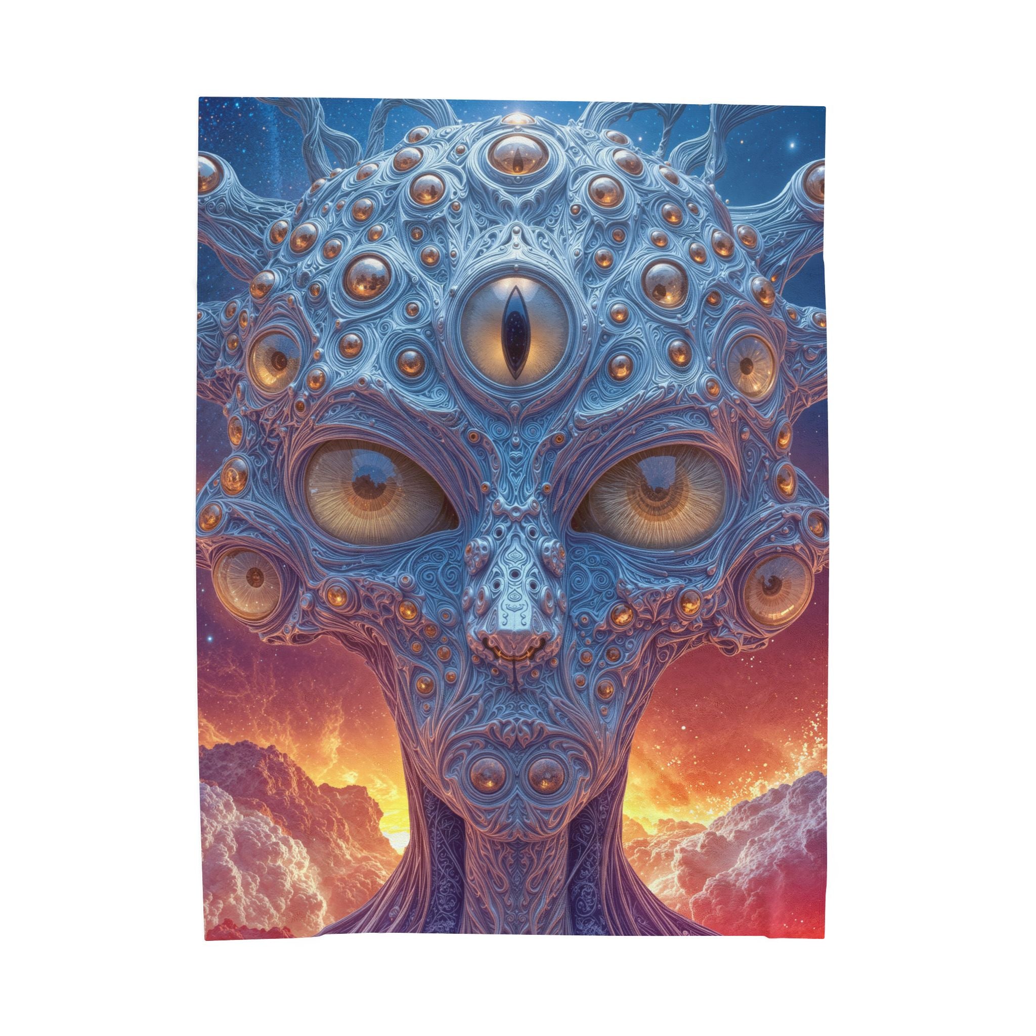 The Horizon Within the Gaze — Velveteen Plush Blanket, 60 × 80 in — intricate blue figure with amber eyes above luminous clouds
