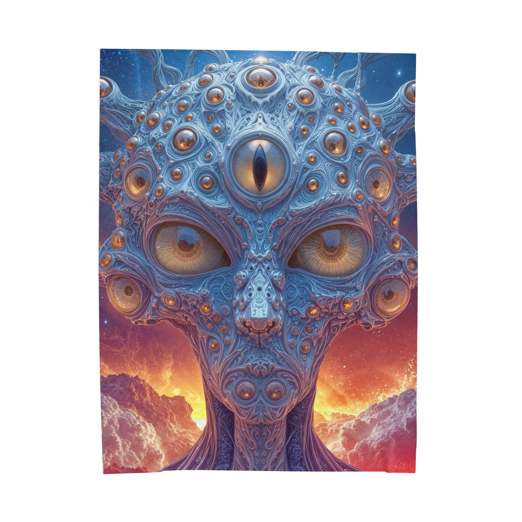 The Horizon Within the Gaze — Velveteen Plush Blanket, 60 × 80 in — intricate blue figure with amber eyes above luminous clouds