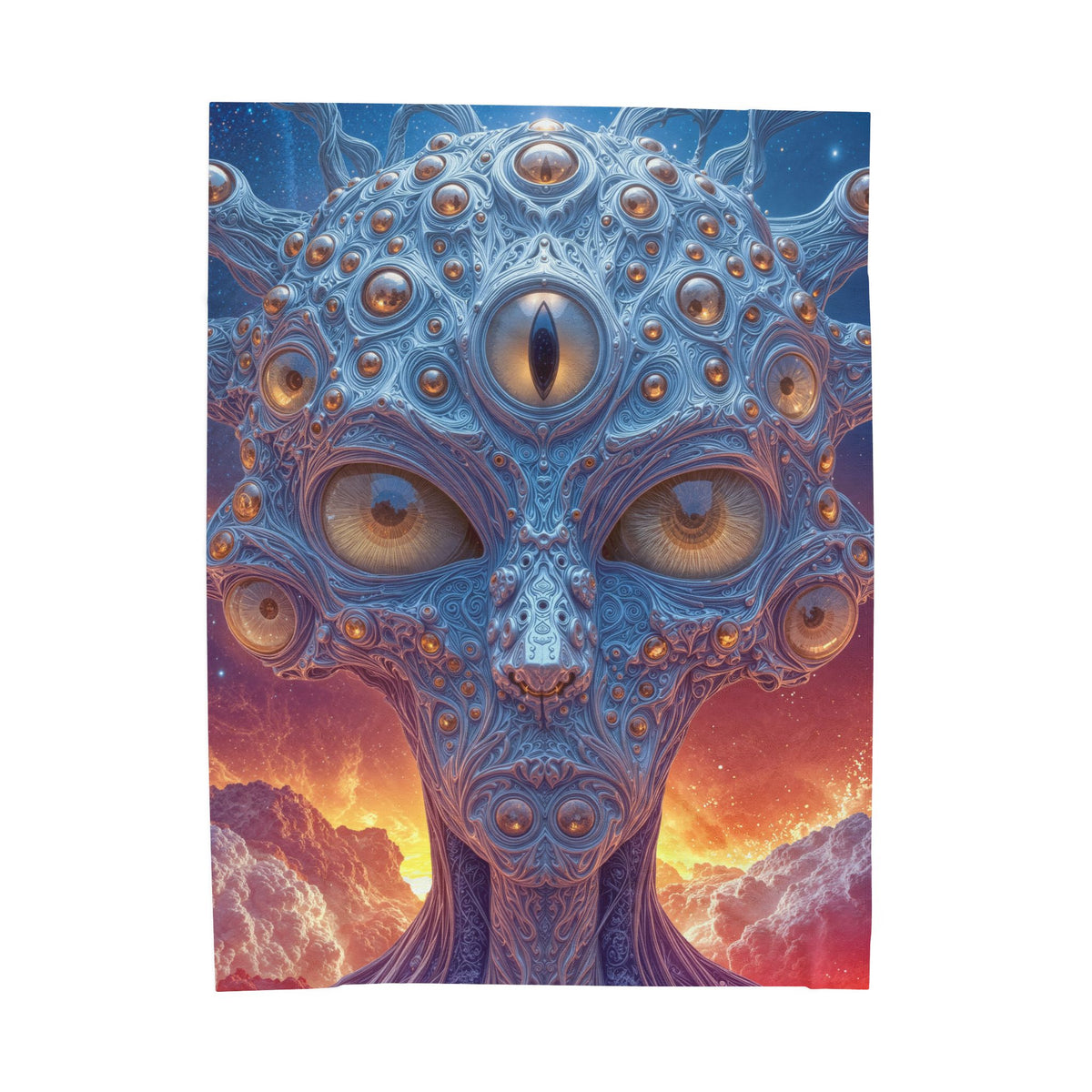 The Horizon Within the Gaze — Velveteen Plush Blanket, 60 × 80 in — intricate blue figure with amber eyes above luminous clouds