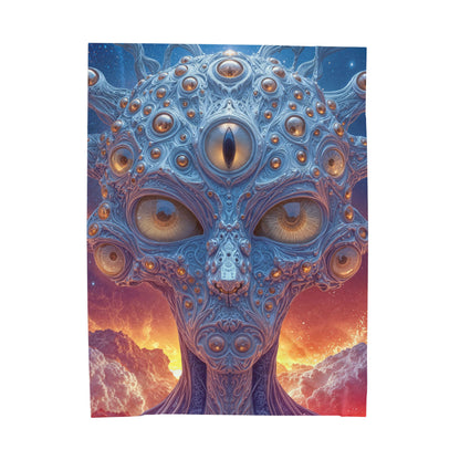 The Horizon Within the Gaze — Velveteen Plush Blanket, 60 × 80 in — intricate blue figure with amber eyes above luminous clouds