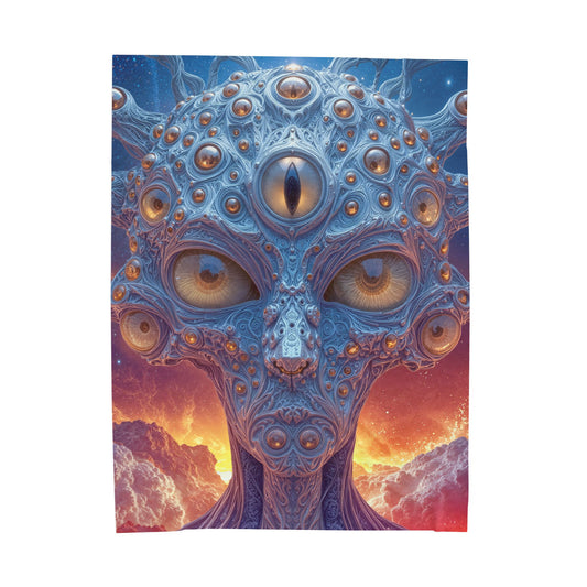 The Horizon Within the Gaze — Velveteen Plush Blanket, 60 × 80 in — intricate blue figure with amber eyes above luminous clouds