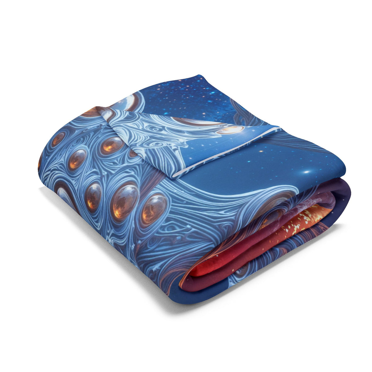 The Horizon Within the Gaze — Arctic Fleece Blanket, 60 × 80 in — intricate blue figure with amber eyes above luminous clouds