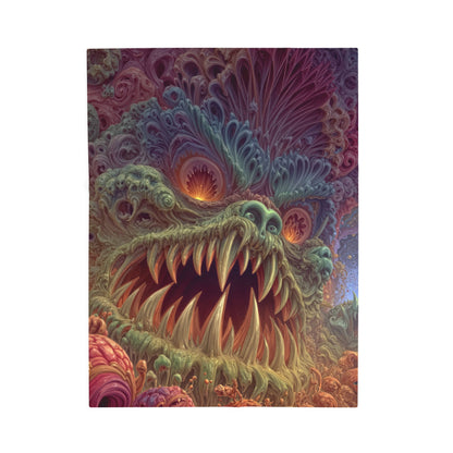 Where Fear Becomes a Passage — Velveteen Plush Blanket, 30 × 40 in — fanged creature with glowing eyes amid sage and mauve organic forms