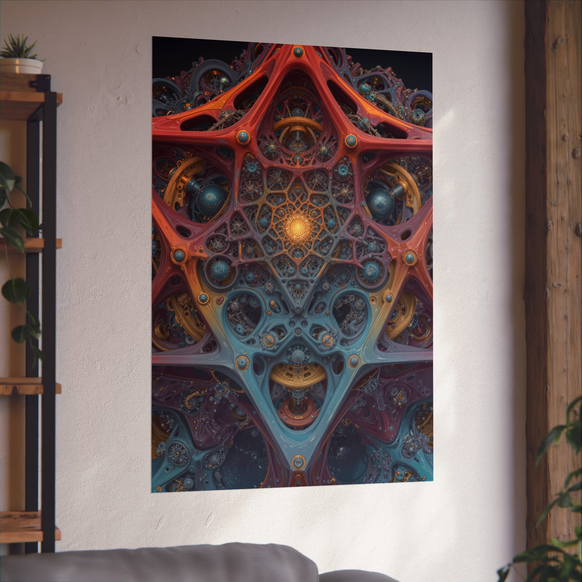 The Geometry of Surrender — Large Matte Poster, 32 × 48 in — interlocking coral and blue forms around a golden center
