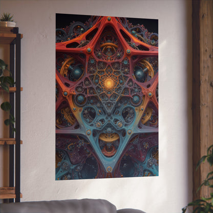 The Geometry of Surrender — Large Matte Poster, 32 × 48 in — interlocking coral and blue forms around a golden center