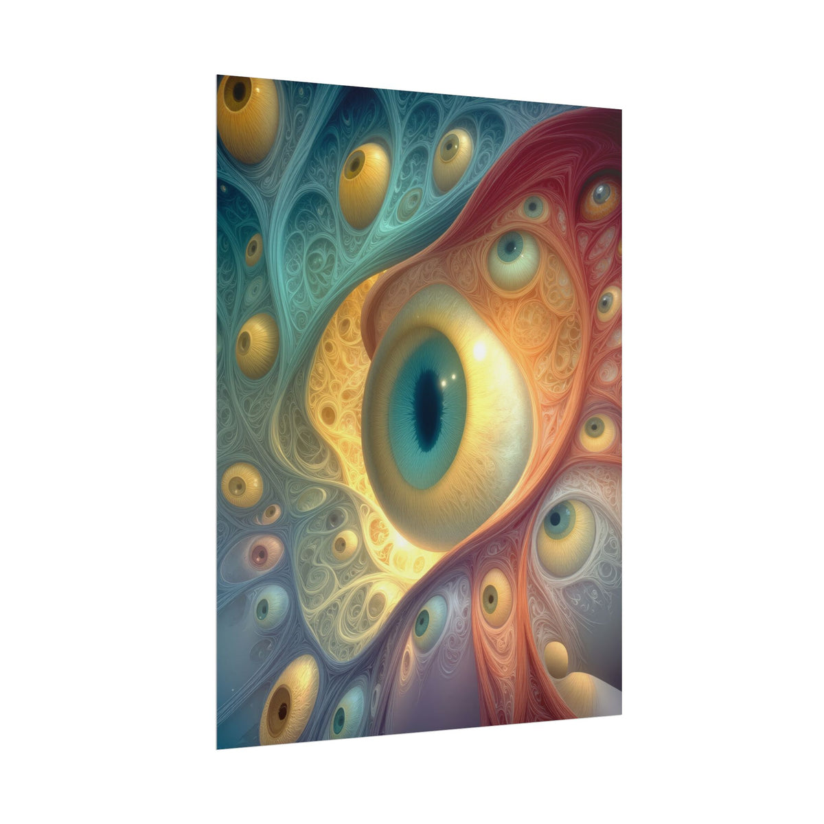 A Chorus of Seeing 18 × 24 inch rolled art print featuring golden eyes among flowing teal and crimson forms