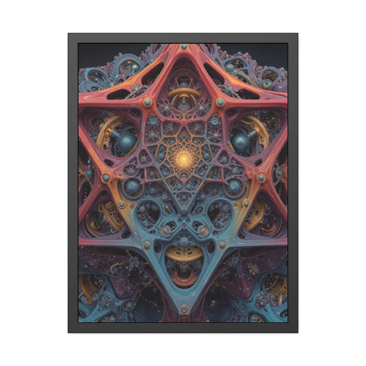 The Geometry of Surrender — Framed Fine Art Print, 24 × 32 in — interlocking coral and blue forms around a golden center